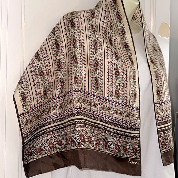 Vintage 60s/70 Echo Paisley Brown,Cream, Green & Blue Long Chinon/Silk Scarf - Picture 3 of 8